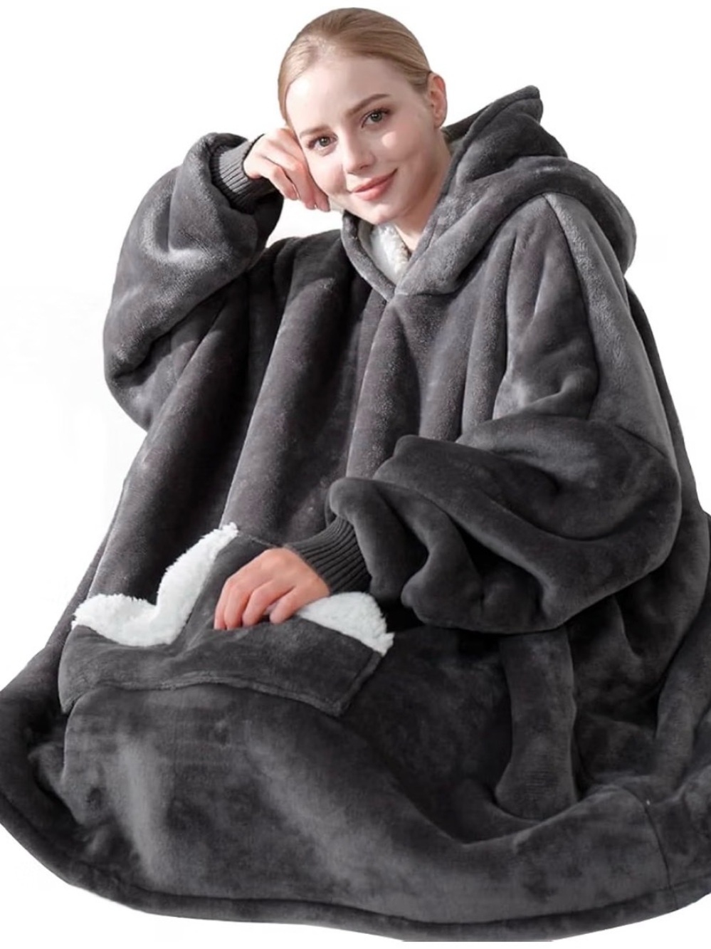 Oversized Hooded Plush Wearable Blanket - Gray